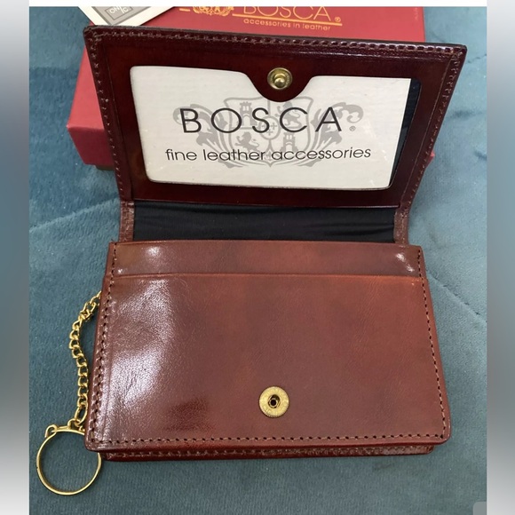 BOSCA Leather Fold Over Wallet Card Case Key Ring Burgundy